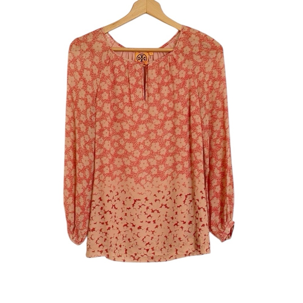 Tory Burch Silk Poly Coral Red Floral Long Sleeve Top Blouse size 4